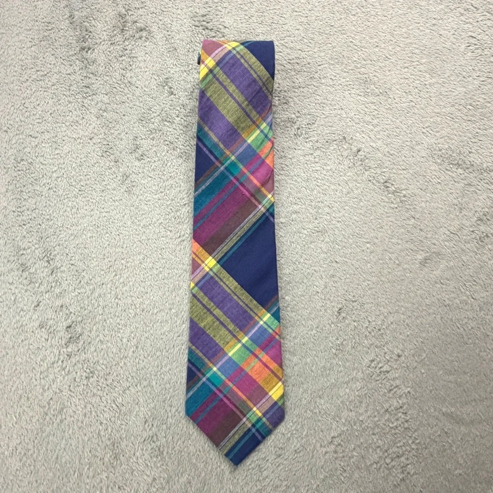 Rooster Mens Vintage Plaid Cotton Necktie Purple Blue Yellow Made in USA